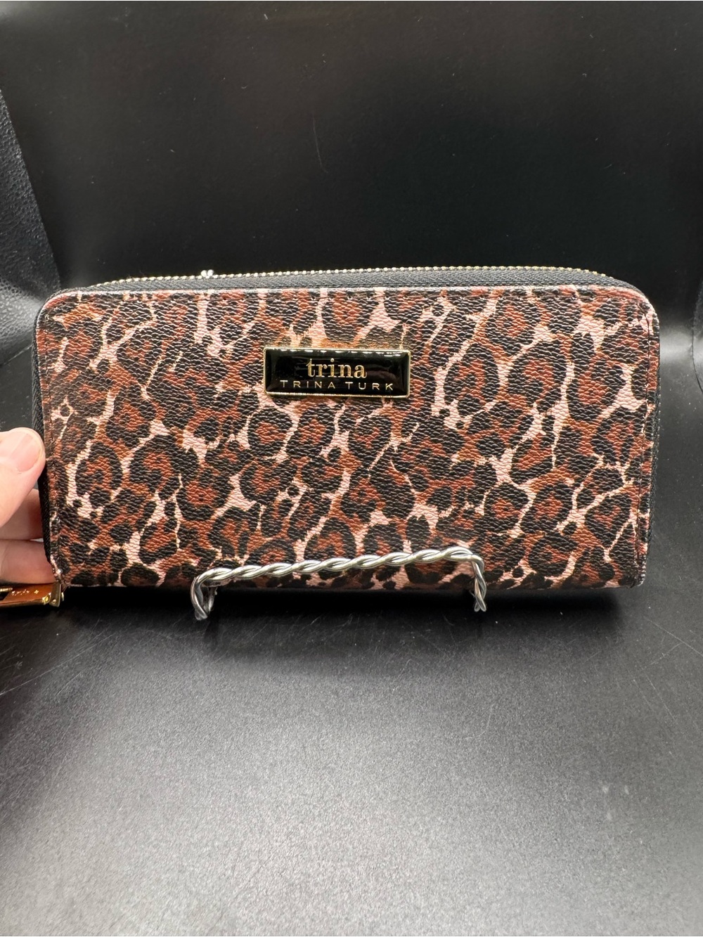 Trina Turk Leopard Print Zip Wallet in Brown and Black